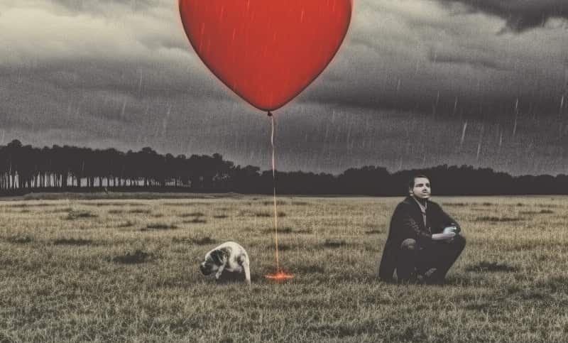 2. Solemn man sitting in the rain, clutching a vibrant red balloon, symbolizing the loneliness and hope amidst Librium addiction.