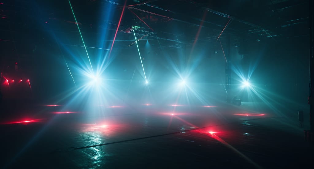 Party lights and fog fill an empty dance room, evoking the party scene often associated with MDMA drug use.