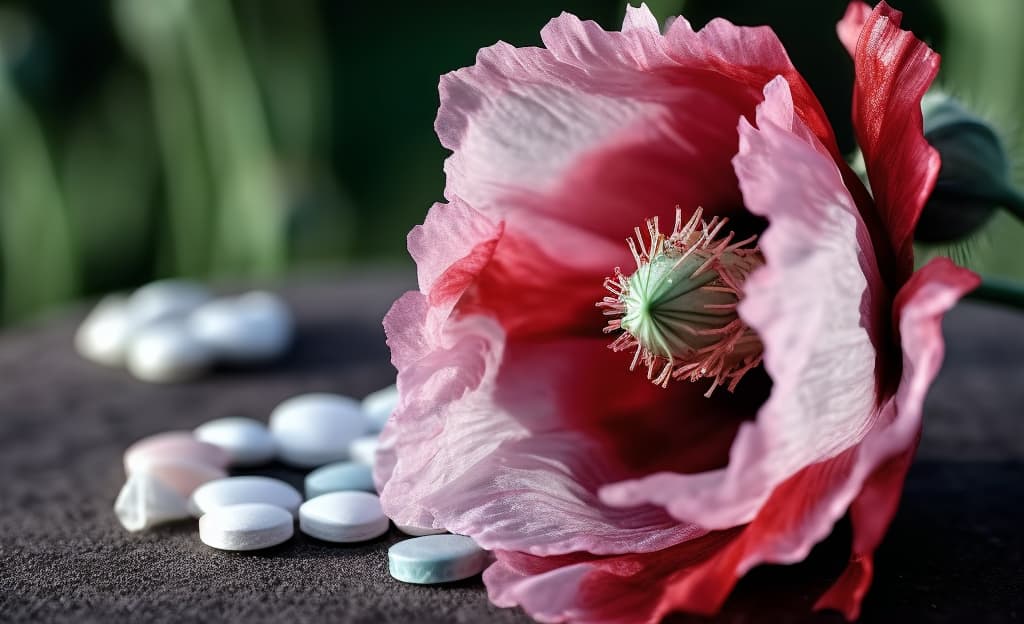Opium poppy alongside scattered pills symbolizing the delicate balance in opioid addiction treatment.
