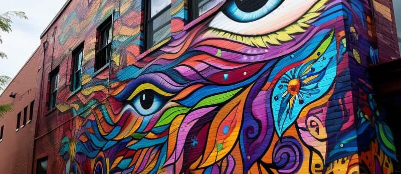Mural depicting vibrant eyes surrounded by intricate swirls, symbolizing the allure and danger of vodka eyeballing.