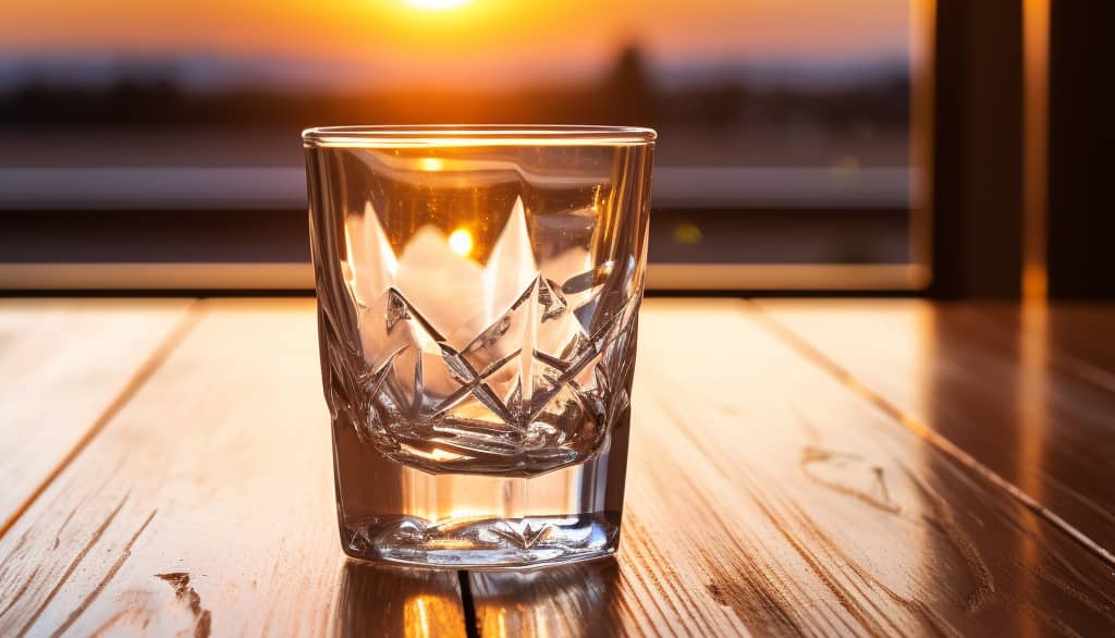 Close-up of a cracked vodka shot glass on a wooden table, representing the fragility and risks associated with vodka eyeballing.