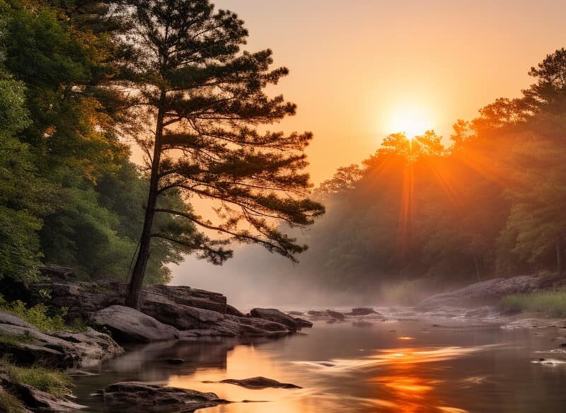 Sunrise peeks through the lush forest in Arkansas, symbolizing new beginnings, representing Addiction Treatment Arkansas with Ambetter Insurance.