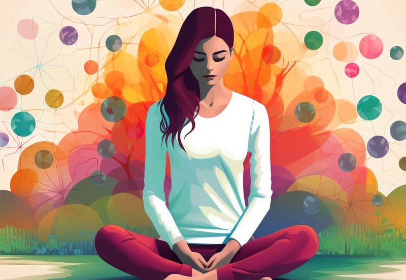 Illustration of a serene woman meditating in a tranquil setting, representing the pursuit of inner peace as an alternative to coping with Percocet abuse.