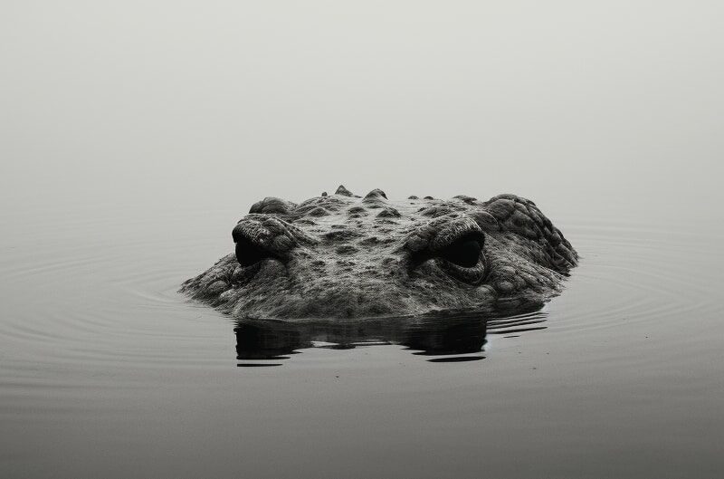 A menacing crocodile partially obscured by fog, symbolizing the hidden dangers of the crocodile drug.