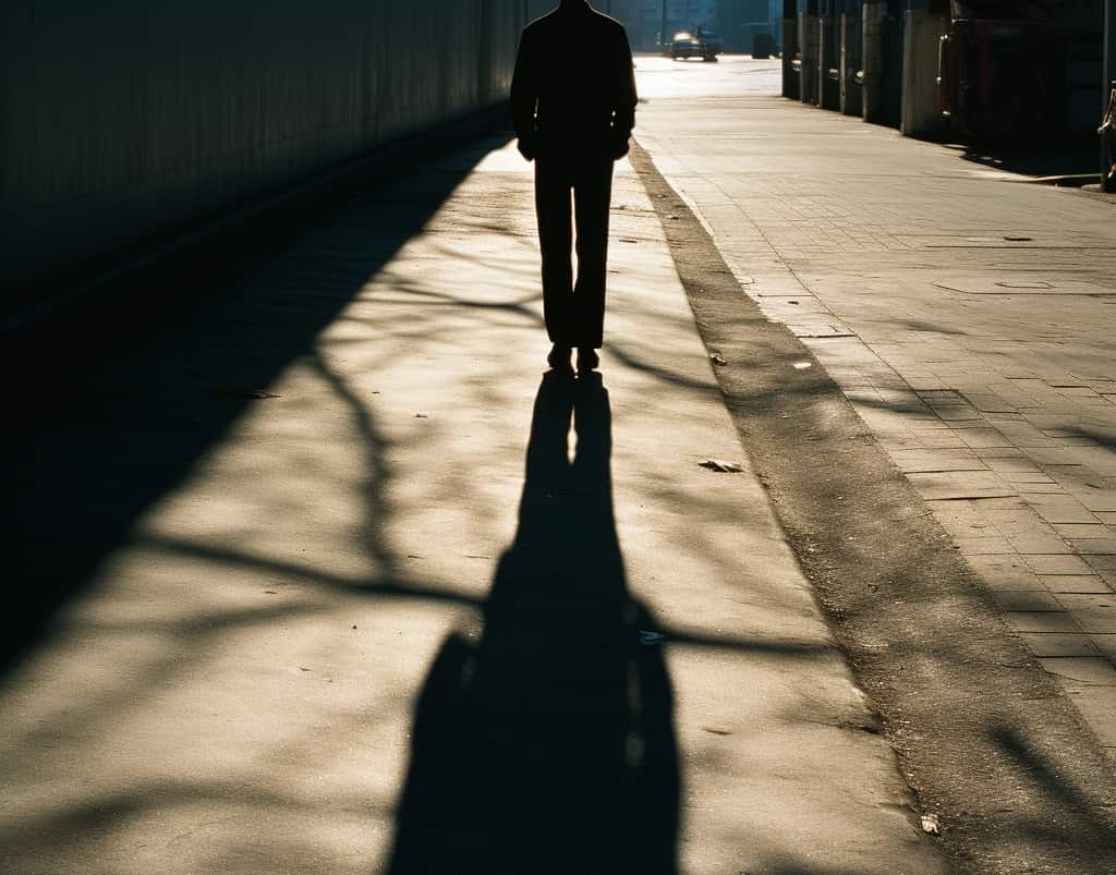 A city street scene illustrating the concept of addiction vs dependence, featuring a solitary man walking with his elongated shadow.