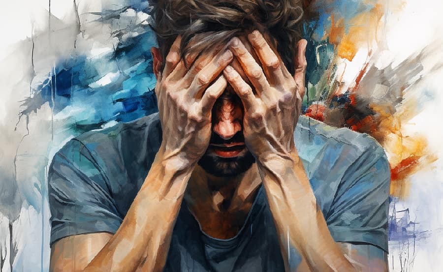 Illustration of a man holding his hands over his face in distress, symbolizing the intense psychological turmoil experienced during delirium tremens, relevant to the question 'what is delirium tremens?'