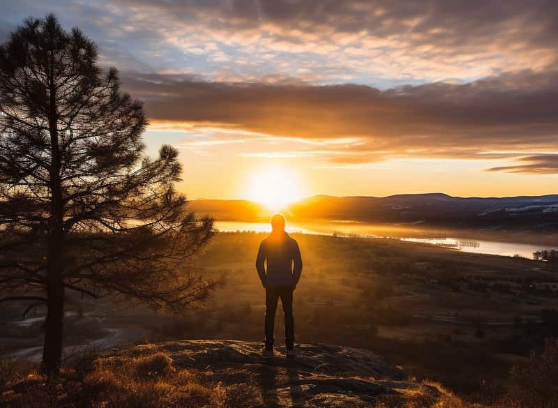 Man standing outdoors in Arkansas, looking proud and hopeful as he watches a beautiful sunset, symbolizing a new beginning in his journey of rehab for alcoholism.