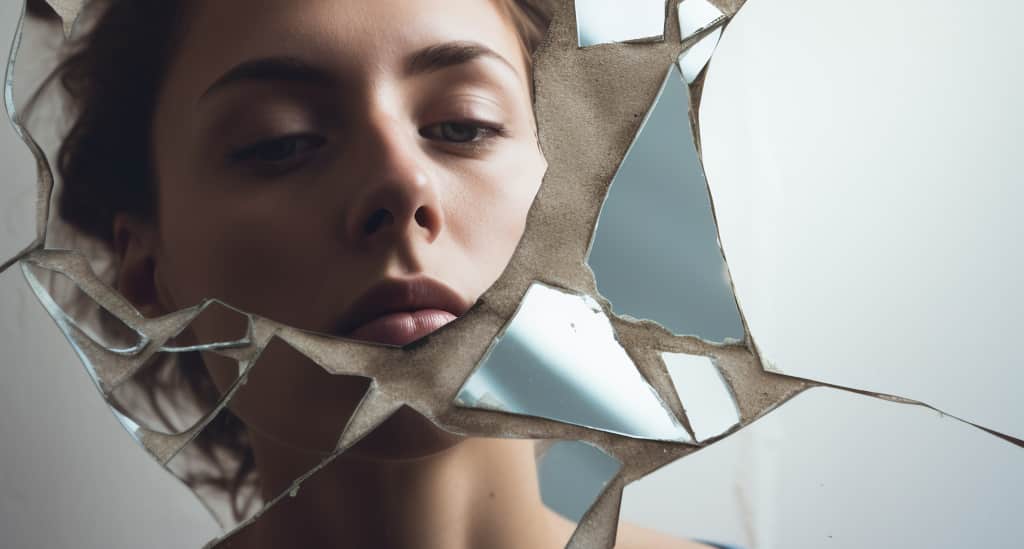 A woman's face reflected in a mirror with shattered pieces, representing the fragmented perception experienced in drug-induced psychosis.