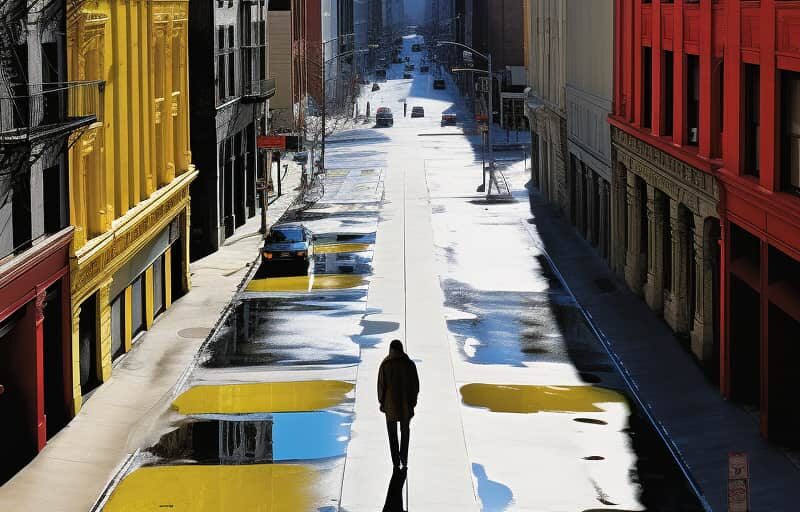 A man walking on a street with watercolor puddles reflecting colorful buildings, symbolizing the distorted reality of drug-induced psychosis.