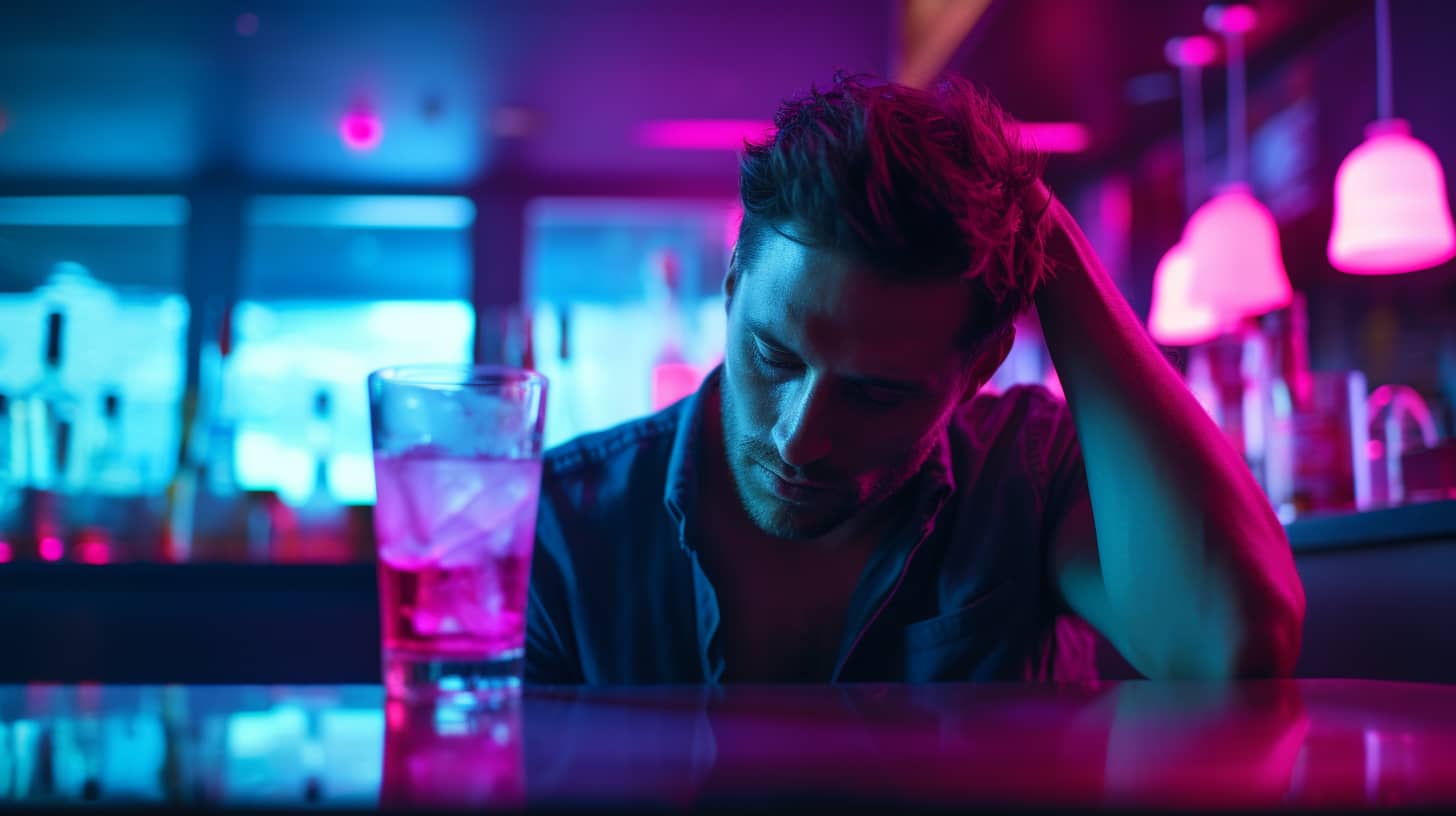 1. A man sits alone at a bar, holding a drink with a look of sadness, embodying the concept of 'more is never enough' as he contemplates his next step.