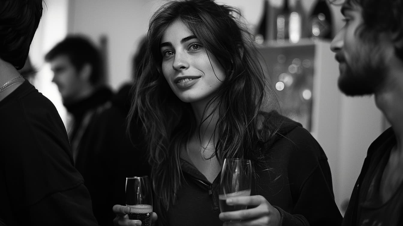 A woman at a party holding two glasses of champagne representing the social aspect of drinking and how it can contribute to the development of alcohol tolerance.