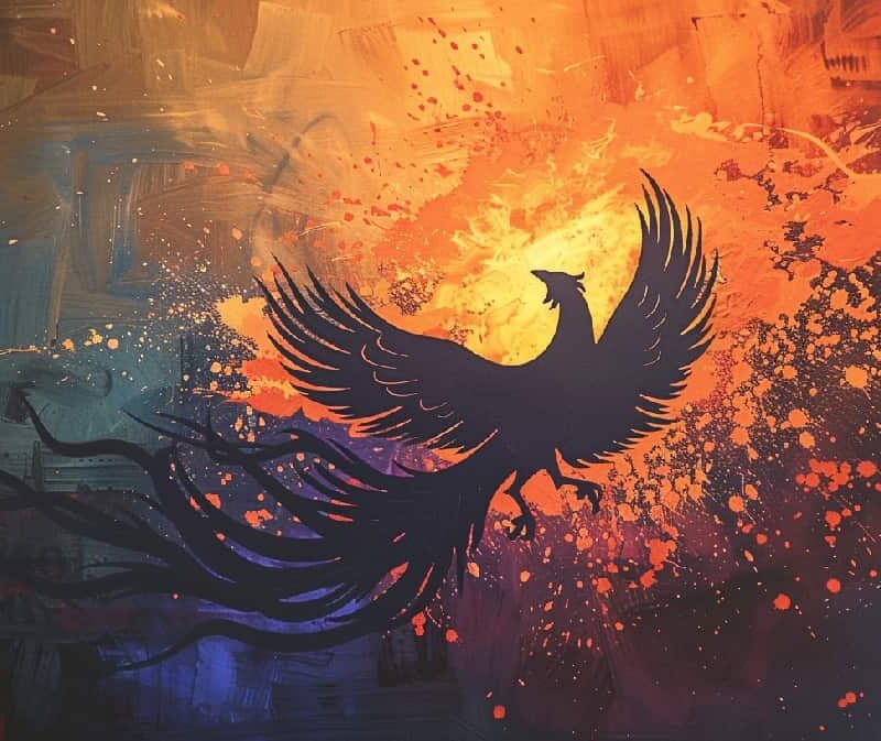 A vibrant phoenix rising from the ashes against a backdrop of dawn, symbolizing renewal and hope in the journey of fentanyl detox.