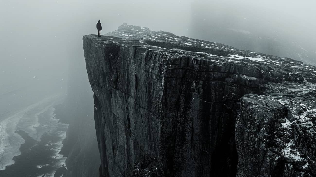 A solitary figure walks confidently along the edge of a towering cliff, representing the brave journey of overcoming addiction through fentanyl detox.