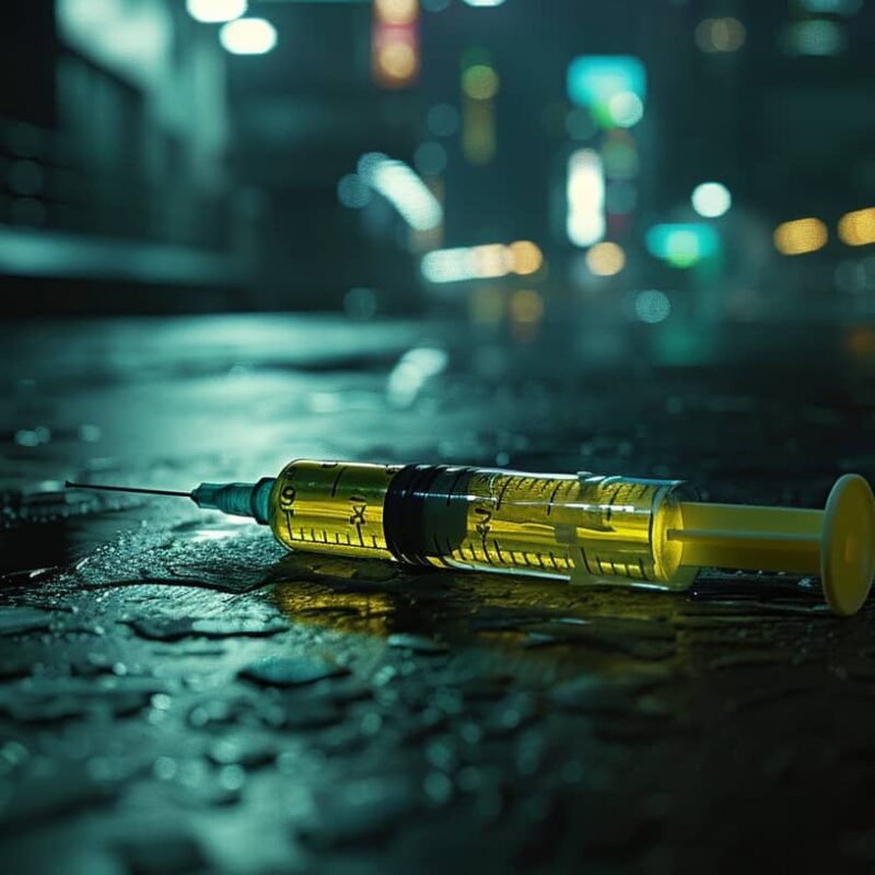A discarded syringe lies on the gritty pavement, hinting at the hidden struggles of addiction and the importance of knowing how to tell if someone is shooting up.