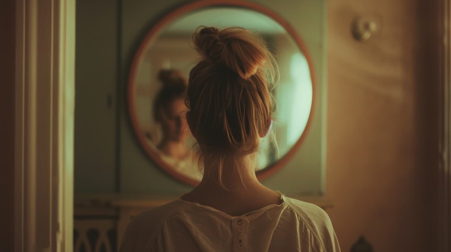 A woman, reflecting looks into a mirror as she grapples with the reality of her Cyclobenzaprine addiction.