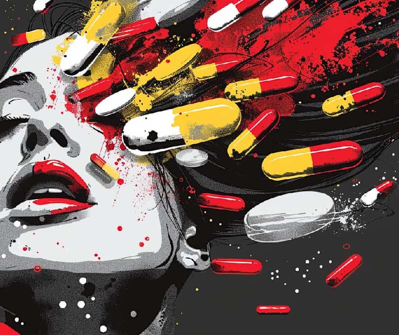 Illustration depicting a woman's head with pills spilling out, symbolizing her overwhelming thoughts and cravings related to drug addiction and feening