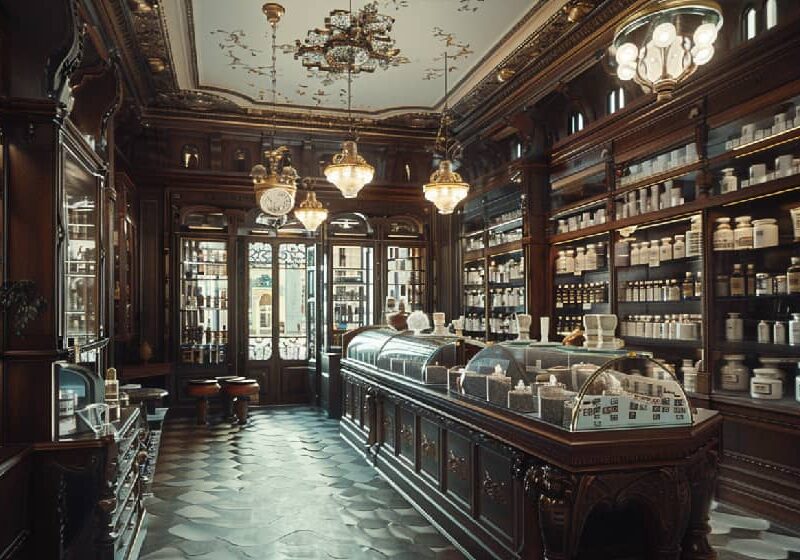 A detailed reconstruction of a 19th-century pharmacy reflecting the historical medical use of cocaine.