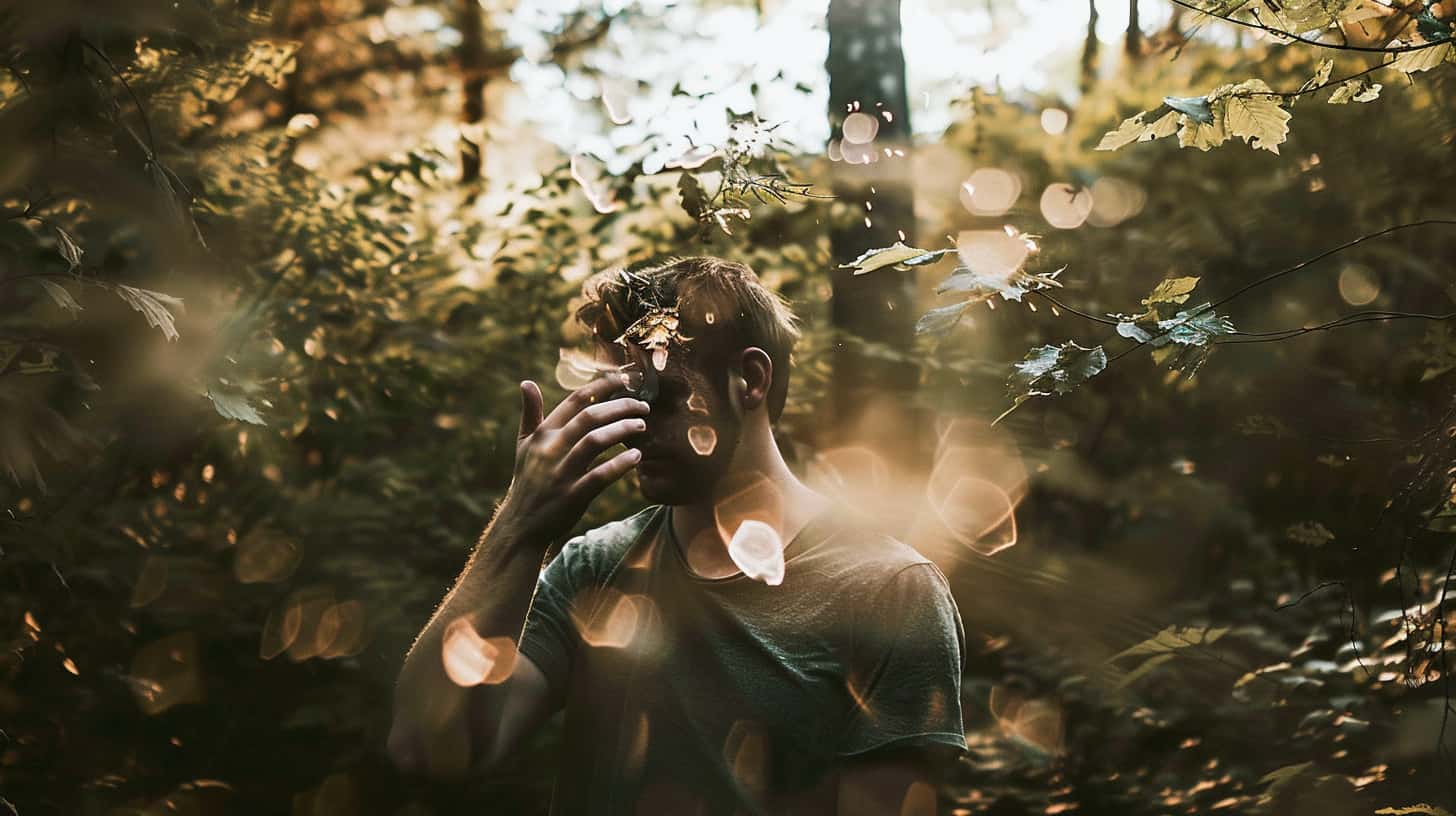 An image capturing a man in a forest visibly distressed by a bad hallucination, highlighting the risky psychological effects of how LSD is made and consumed.