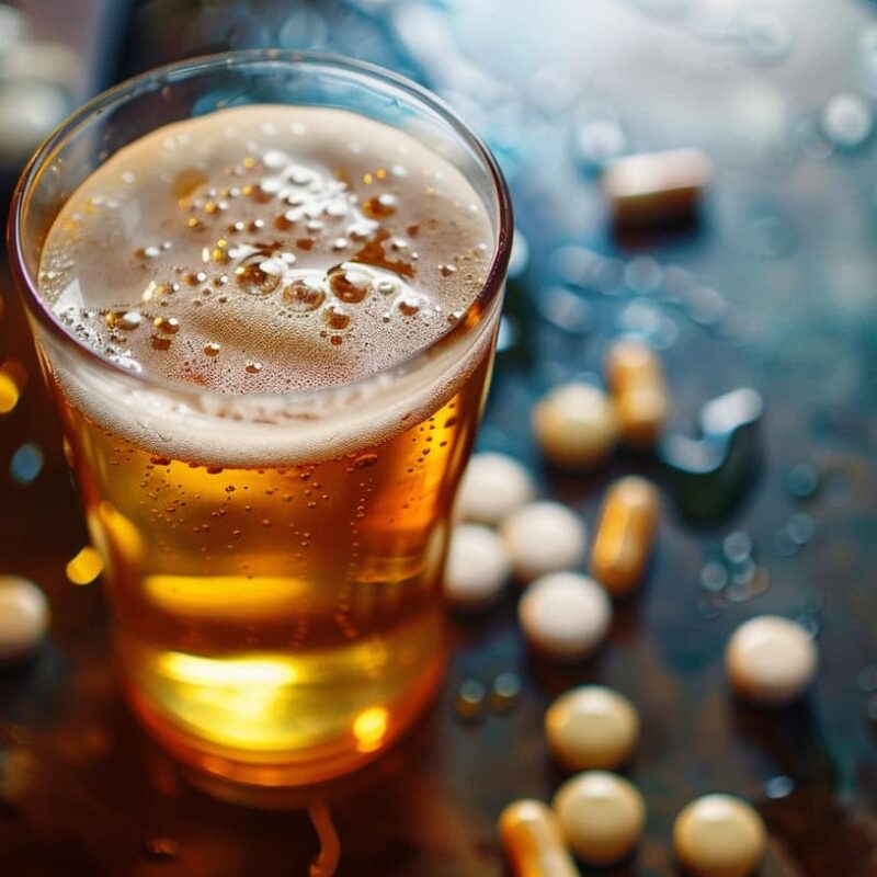 A table with beer and prescription pills spilled over it, illustrating the dangerous and chaotic consequences of mixing alcohol with antidepressants.