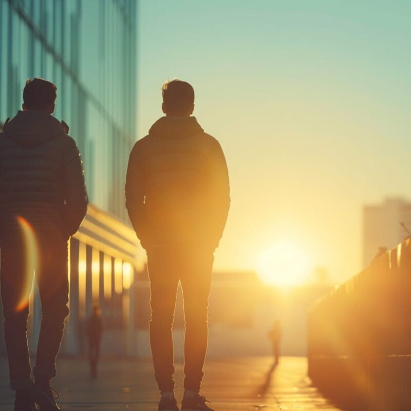 Three young men walking toward a sunset in an urban city setting, symbolizing hope and companionship on the journey of recovery from substance use disorder.