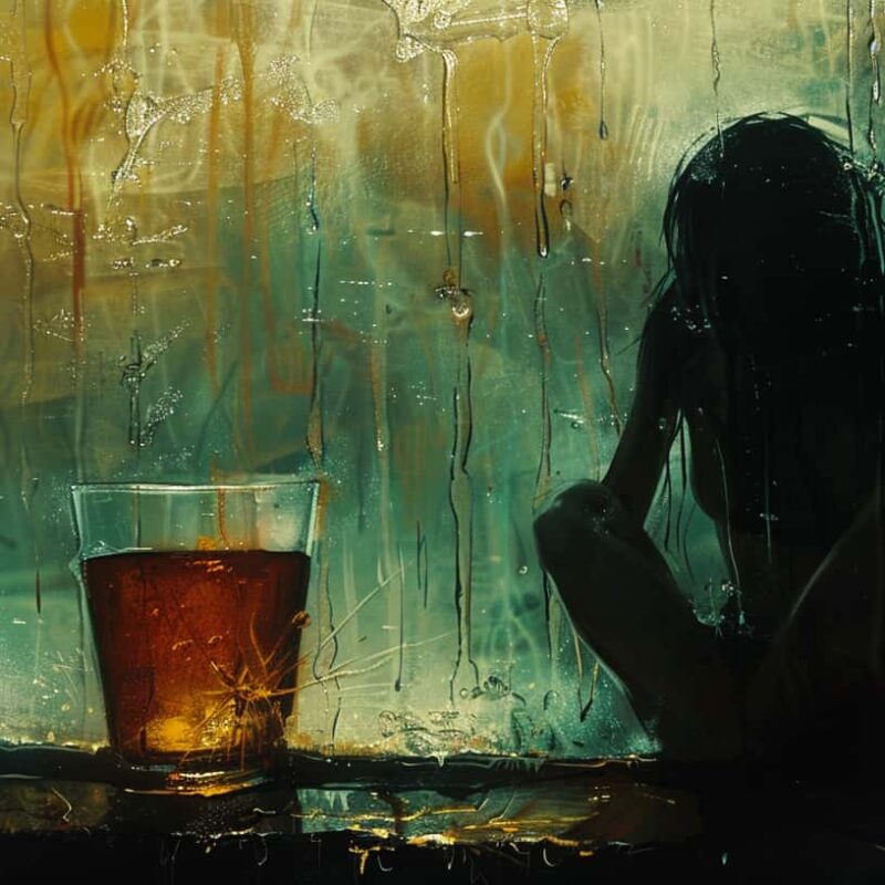 Abstract painting of a woman, her sadness palpable, with an alcohol glass symbolizing her battle with trauma and alcoholism.