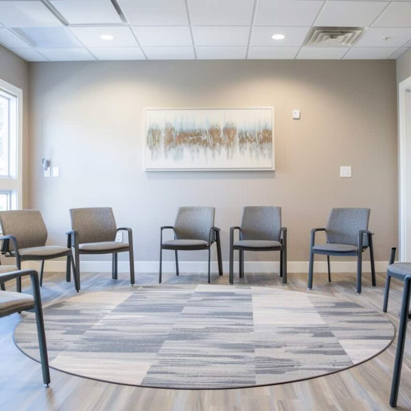 What is IOP? An empty group therapy room arranged with chairs in a circle illustrating the supportive environment found in an Intensive Outpatient Program (IOP).