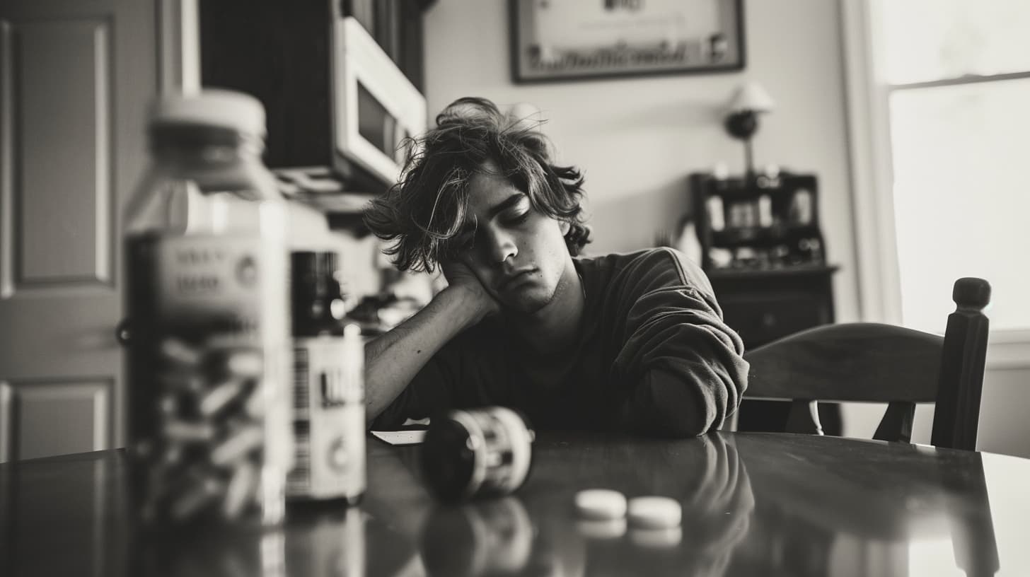 A man sits tired and distressed near a bottle of Adderall pills, highlighting the risks associated with mixing Adderall and alcohol.