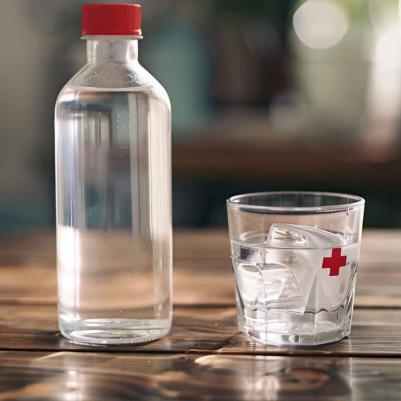A bottle of first aid isopropyl alcohol stands next to a glass filled with the liquid, emphasizing the dangerous and harmful act of drinking rubbing alcohol