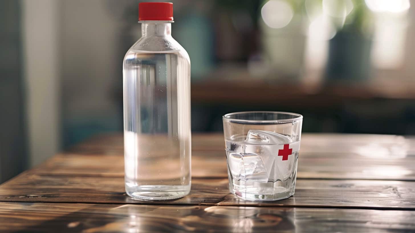 A bottle of first aid isopropyl alcohol stands next to a glass filled with the liquid, emphasizing the dangerous and harmful act of drinking rubbing alcohol