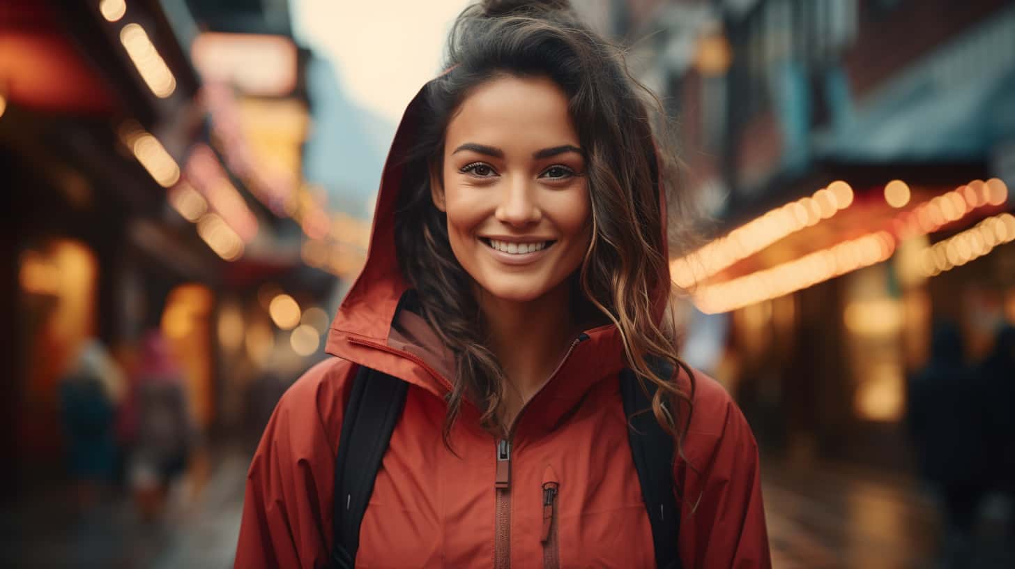 A joyful woman standing in the middle of a bustling city, radiating happiness as she embraces her journey on how to get sober.