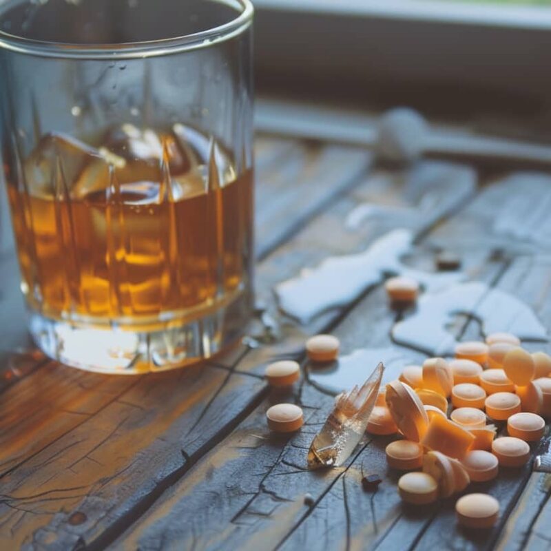 A glass of whisky sits on a table next to a small pile of Adderall pills, illustrating the dangers of mixing Adderall and alcohol.