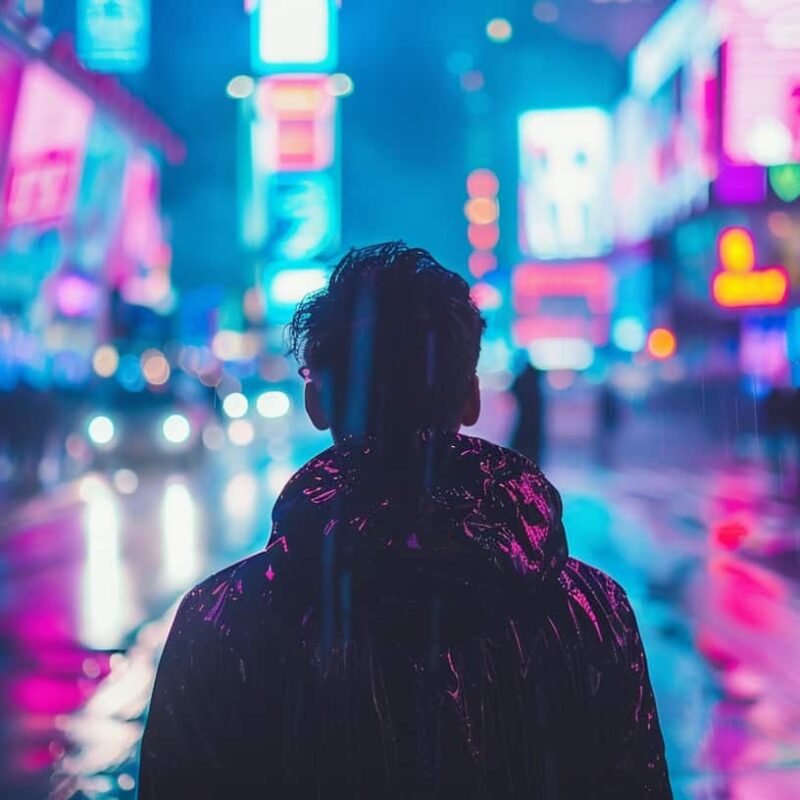 A man stands on a city street surrounded by neon lights and moving traffic, symbolizing the fast-paced lifestyle associated with speed drug use.