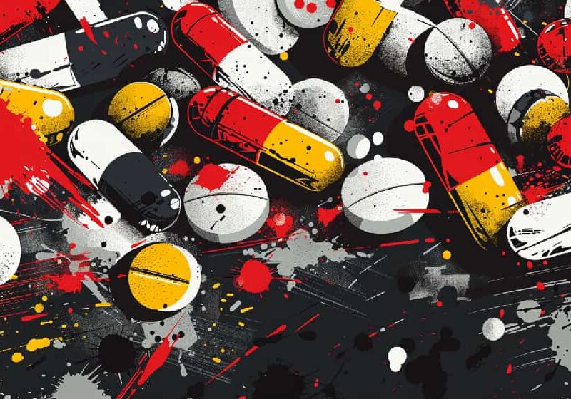 Illustration of benzodiazepine examples, multiple pills in a comic book red-and-yellow style.