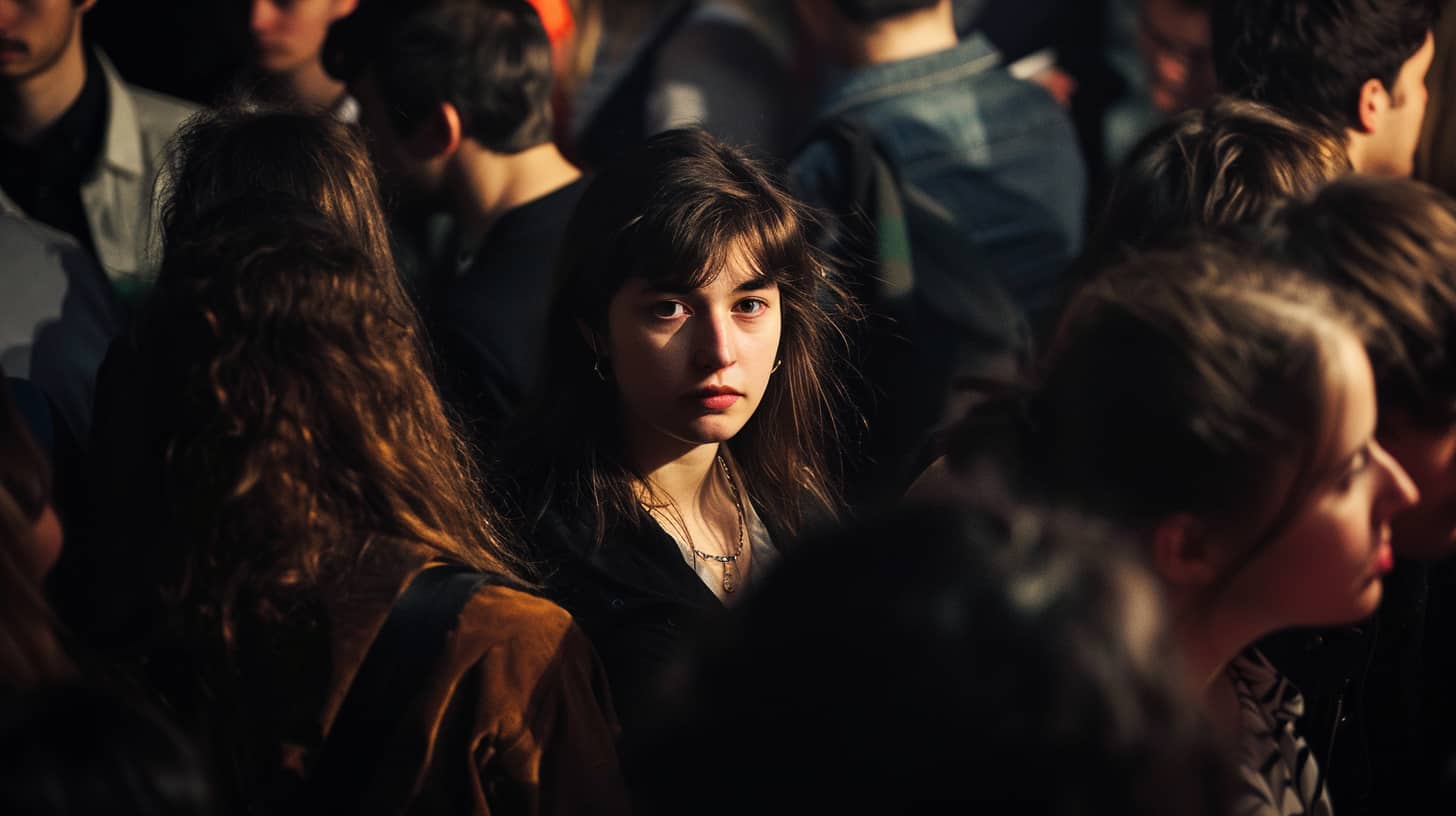 Woman in a crowd looks at the camera displaying an attitude of being done with their addiction and being aware of the dangers of barbiturate overdose.