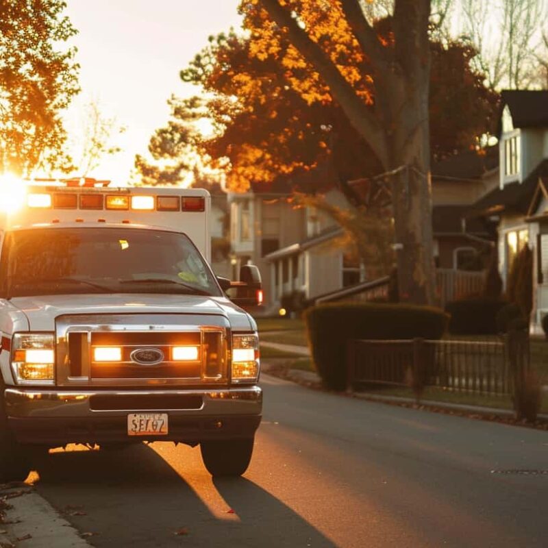 Ambulance responds to a barbiturate overdose call in a suburban neighborhood.