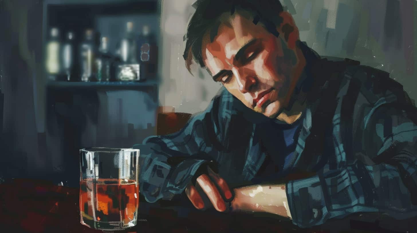 Painting of a man drinking a glass of alcohol, seems depressed which is a symptom of numbing the pain with cross fading