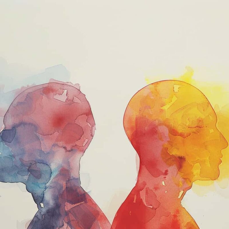 Soft water color of two faces looking different directions to show how a dual diagnosis must be understood in addiction treatment.