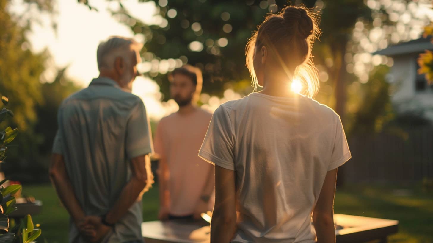 A girl at a barbeque in a white shirt and her parents are talking about her use of street names for fentanyl.