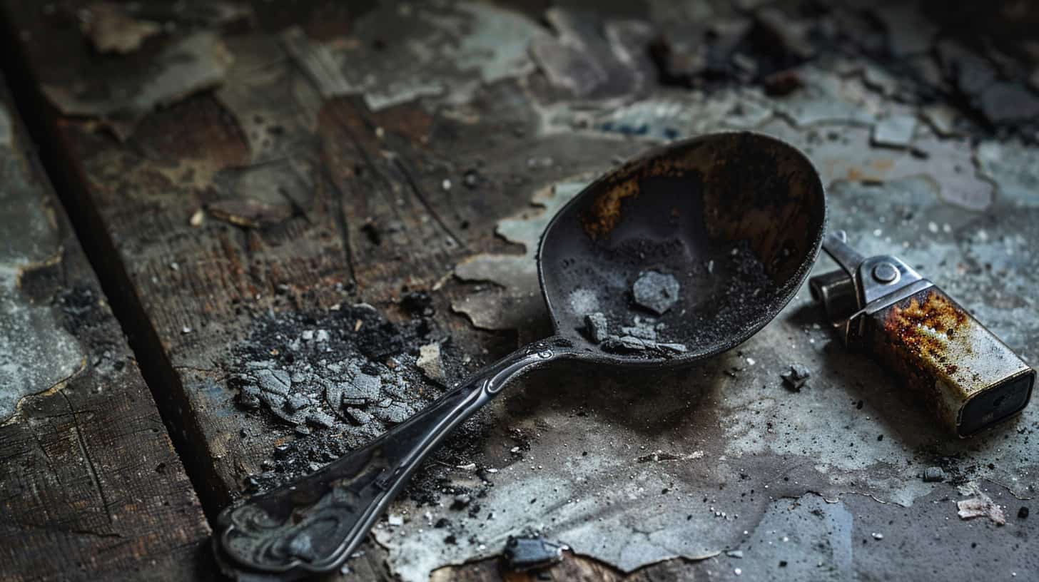 Burnt spoon on a dirty floor in a room where someone might be using freebasing paraphernalia to take cocaine.