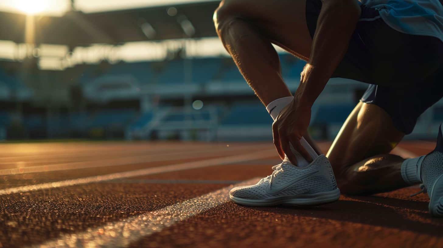 Track runner holds his knee in pain representing the reason for taking the m365 oval white pills for pain and how it escalates to addiction.