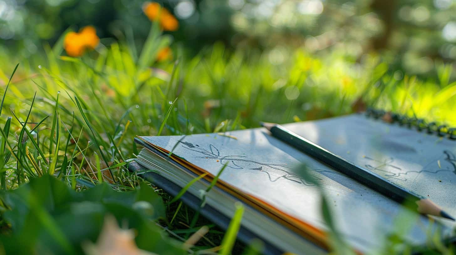 Image of a woman sitting in nature with a sketch pad to represent an option for art therapy prompts for addiction treatment creating a drawing of nature.