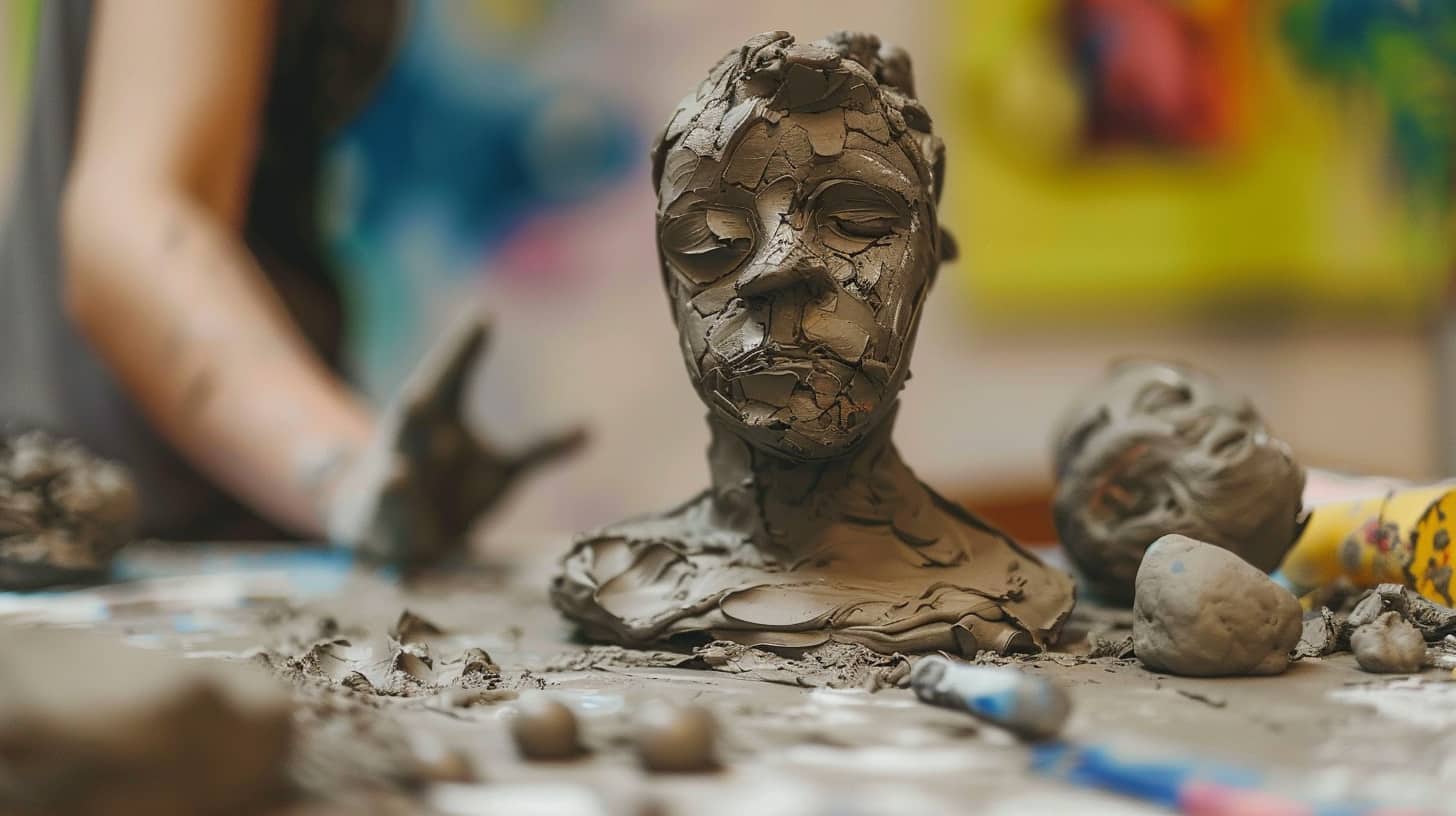 Image of a bust of a person made out of clay with crack that might have been created in art therapy for addiction treatment.