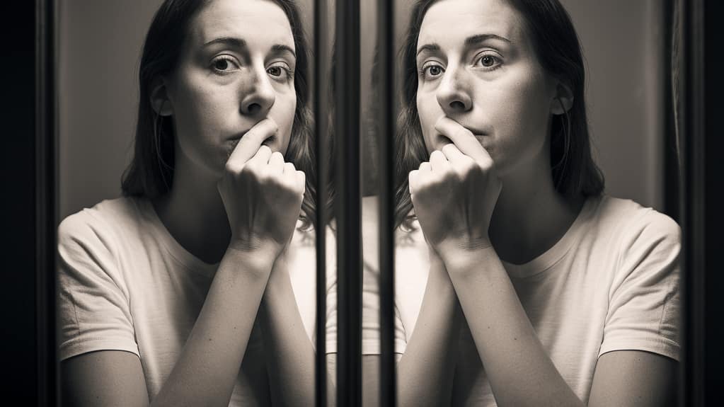 Woman is paranoid looking at a mirror of herself, asking “what are shrooms?” after taking a dose of them.