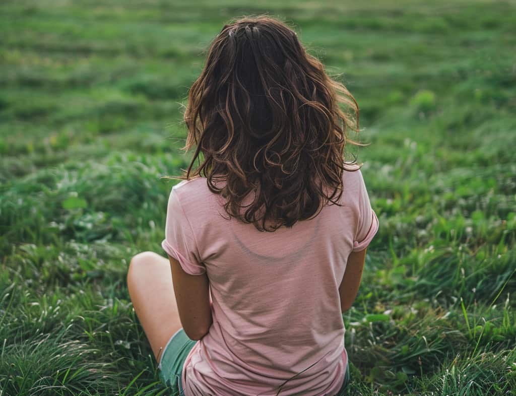 woman sits in a grass field looking in the distance practicing mindfulness in addiction treatment