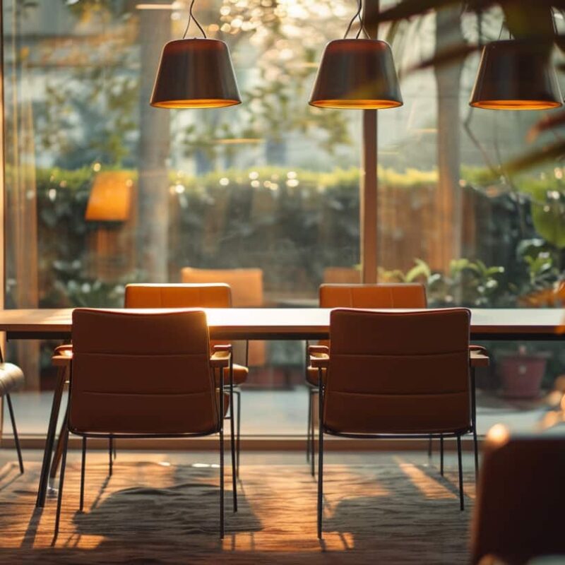 Warm meeting room with leather chairs where outpatient alcohol treatment occurs.