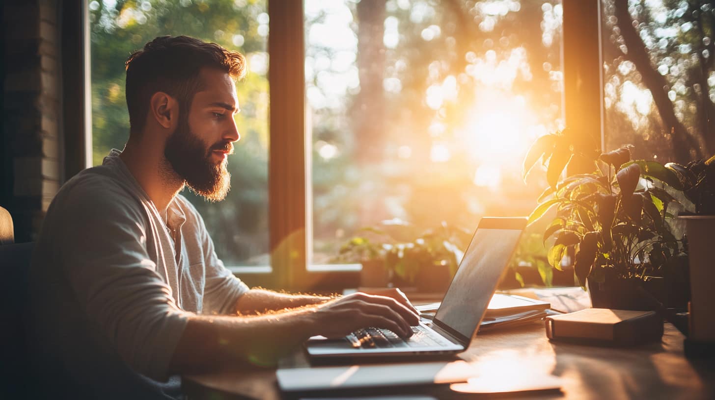 Man sits at a desk for his outpatient drug rehab with sun cascading in showing hope