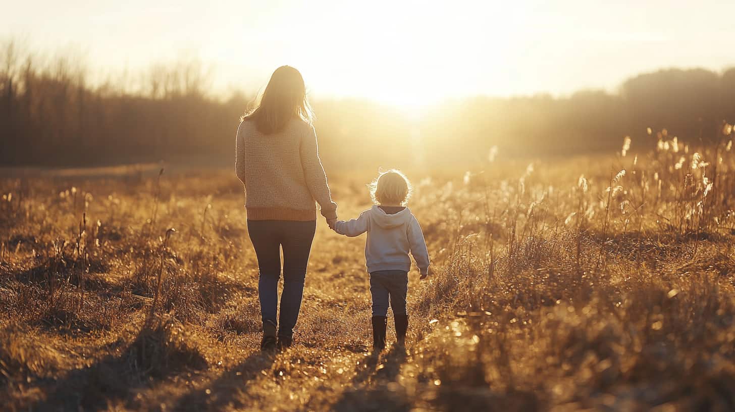 Woman walks with a toddler holding hands in a field showing a commitment that might require outpatient alcohol treatment.