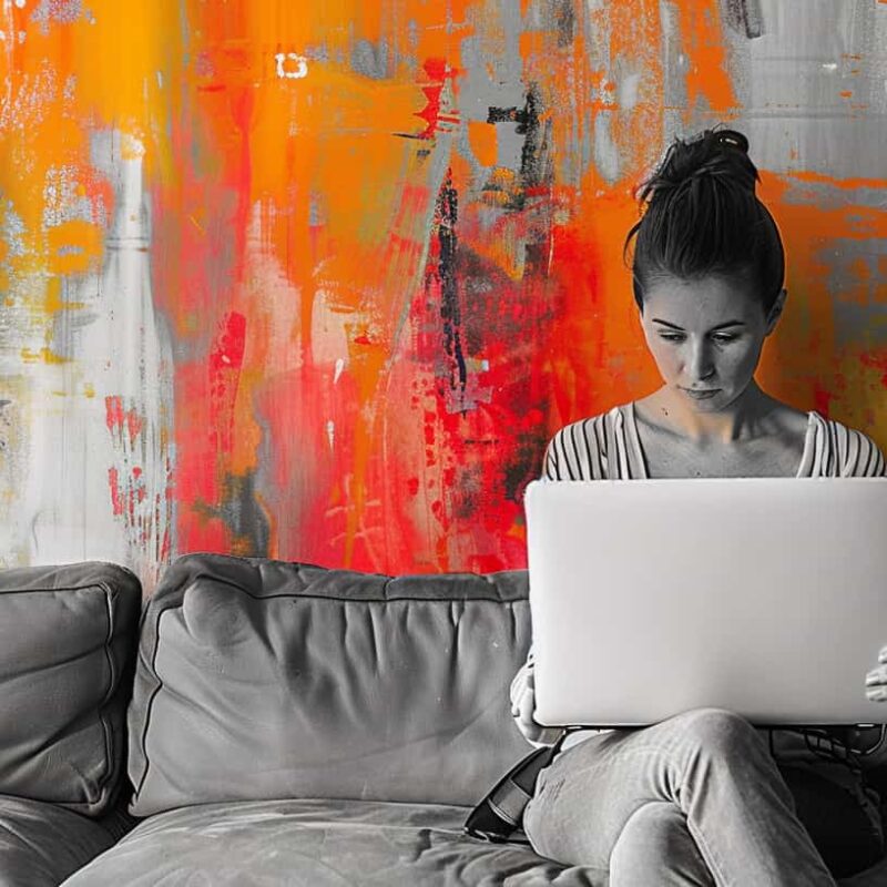 Black and white image of a Woman in gray sits on couch with a computer, the splash of color on the wall behind her shows hope in the Virtual outpatient rehab she is attending.