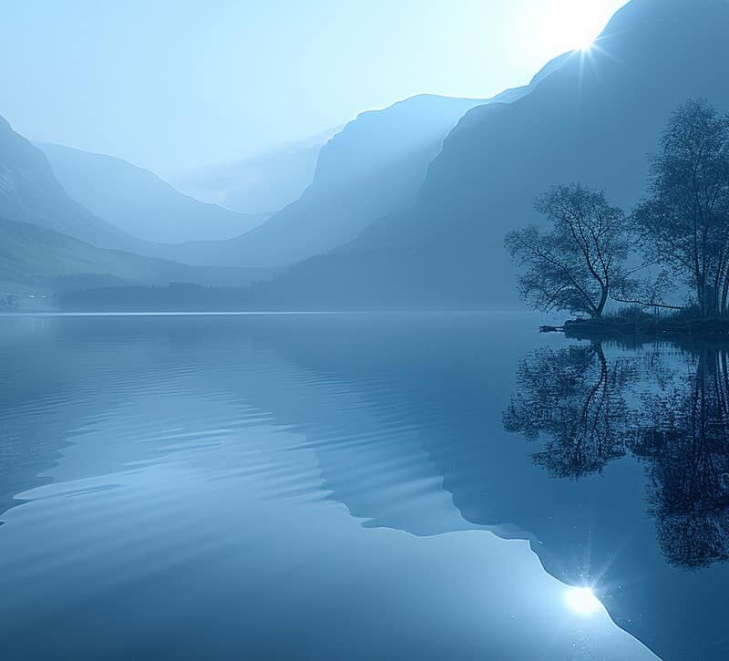 A blue scene of a quiet and still lake with fog departing to show how using Wellbutrin for addiction can lift the mental fog