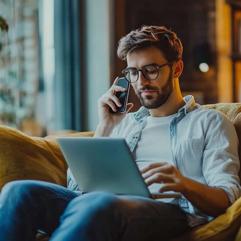 Man sits on a comfortable chair with laptop considering, "Can I work and go to rehab?"